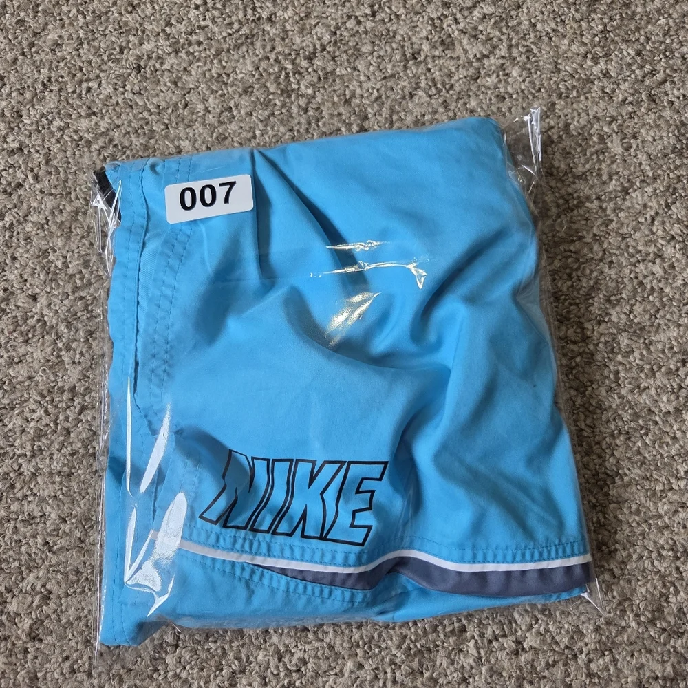 NIKE Swim Trunks Turquiose Blue Lined Spellout‎ Back Swoosh Mens SZ L